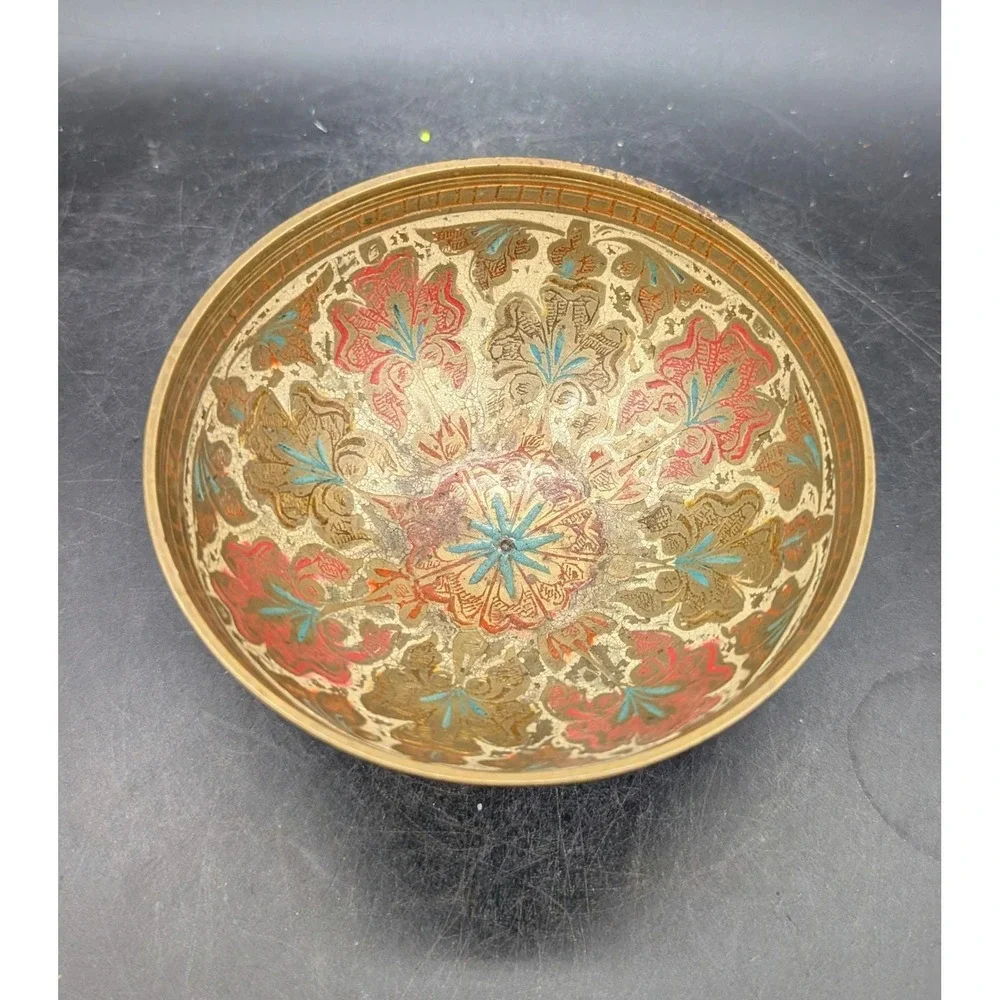 Vintage Hand Painted Brass Floral Bowl Footed Trinket Dish Red Turquoise Gold 3